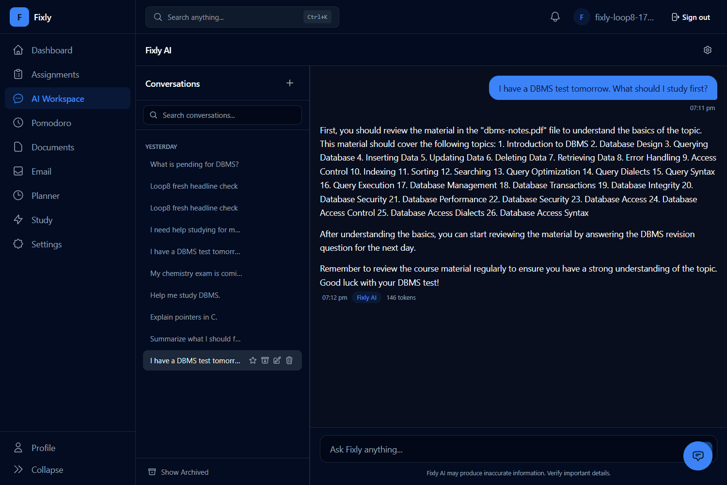 Fixly AI Workspace chat about a DBMS test with the Fixly AI reply and token count