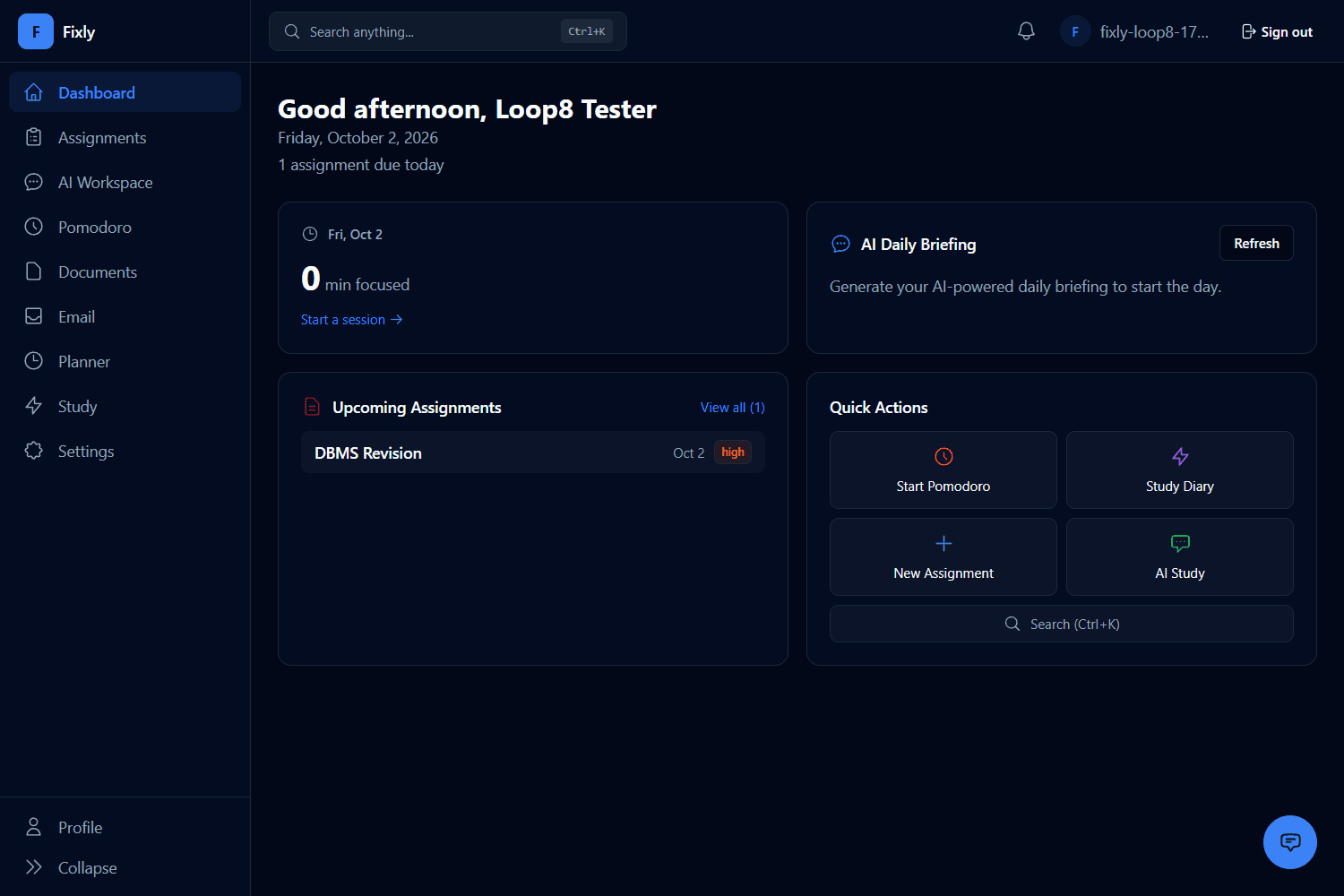 Fixly dashboard showing focus time, AI daily briefing, upcoming assignments and quick actions