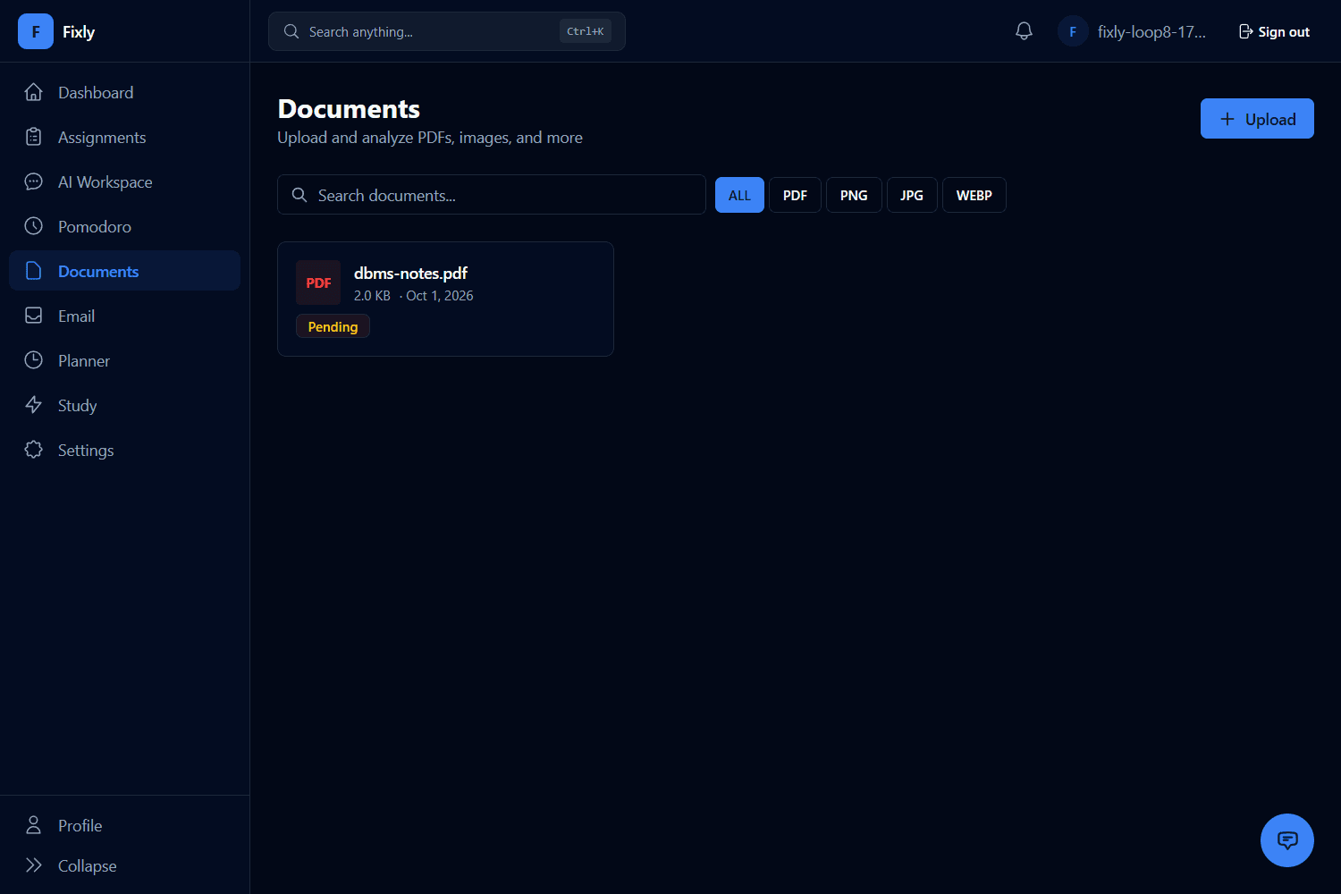 Fixly Documents list with a PDF, type filters and upload button