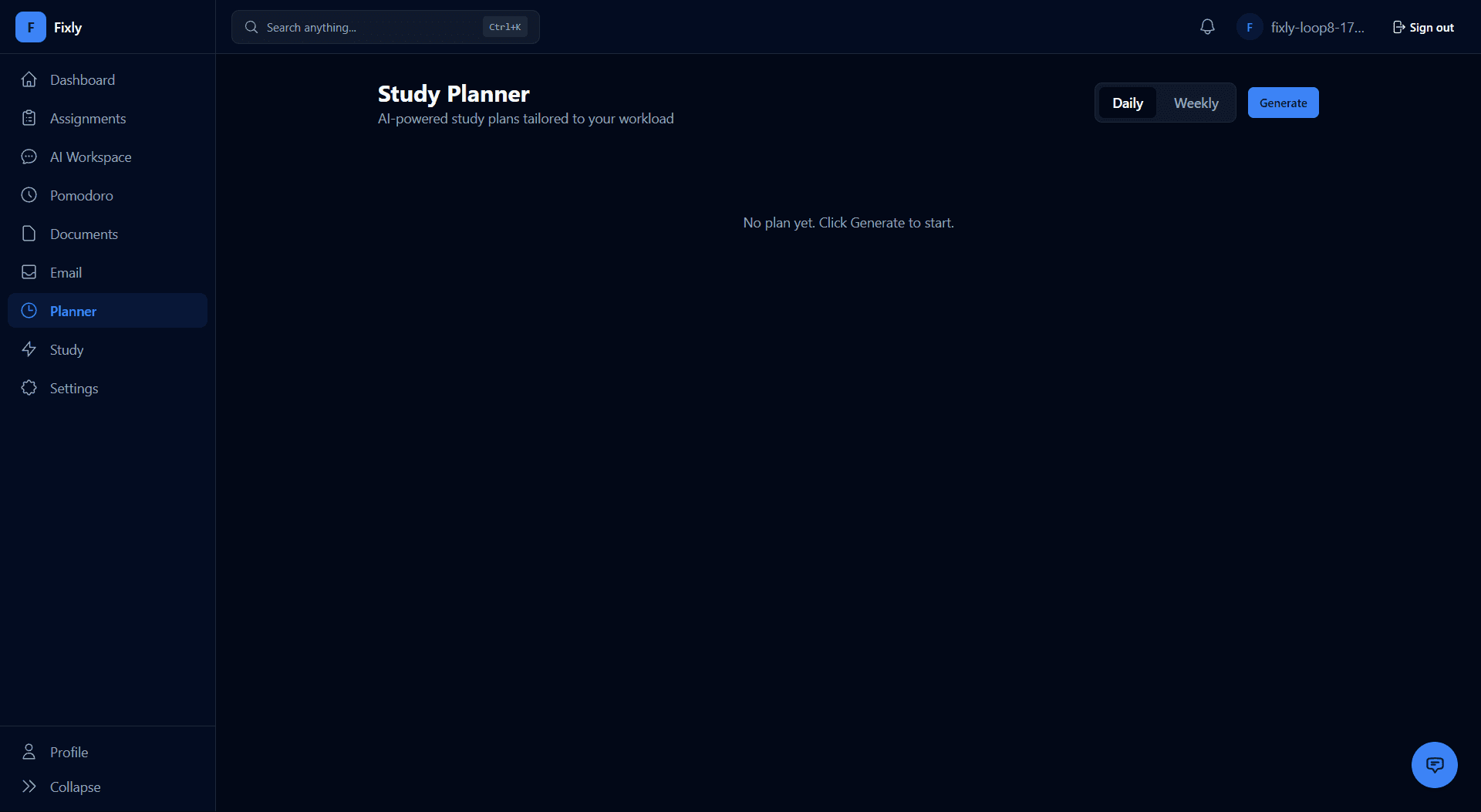Fixly Study Planner with daily and weekly plan options and a generate button